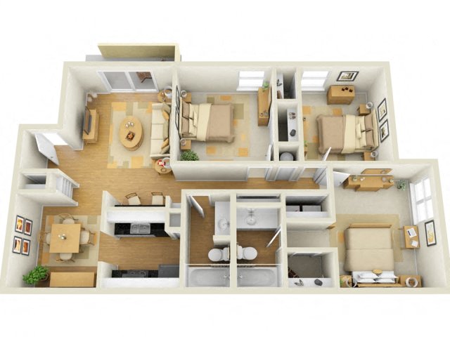 Floor plan for 3 beds, 2 baths, 1149 sqft